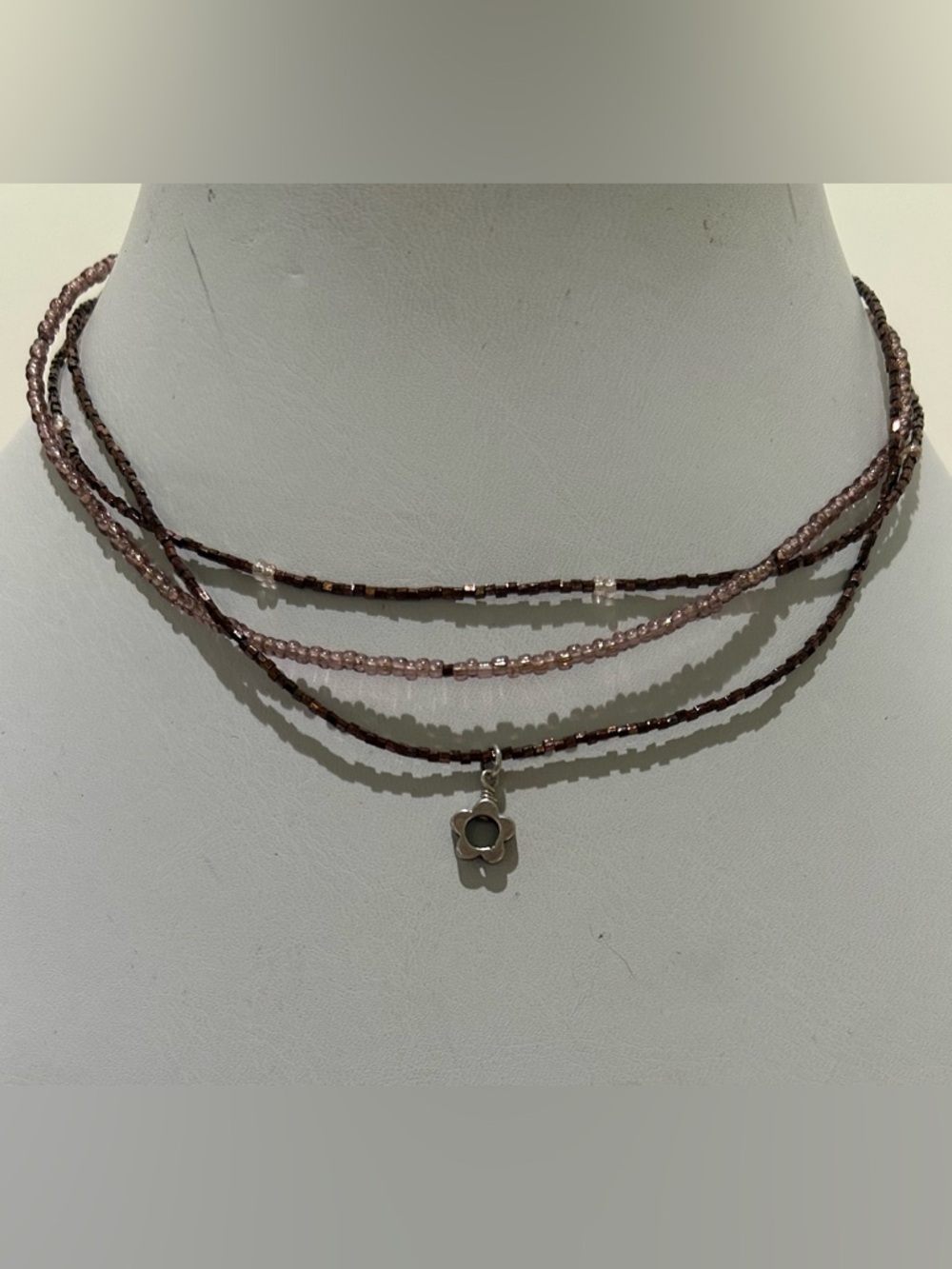Handmade Layered Delicate Multi-Strand Beaded Choker Necklace with Flower Charm